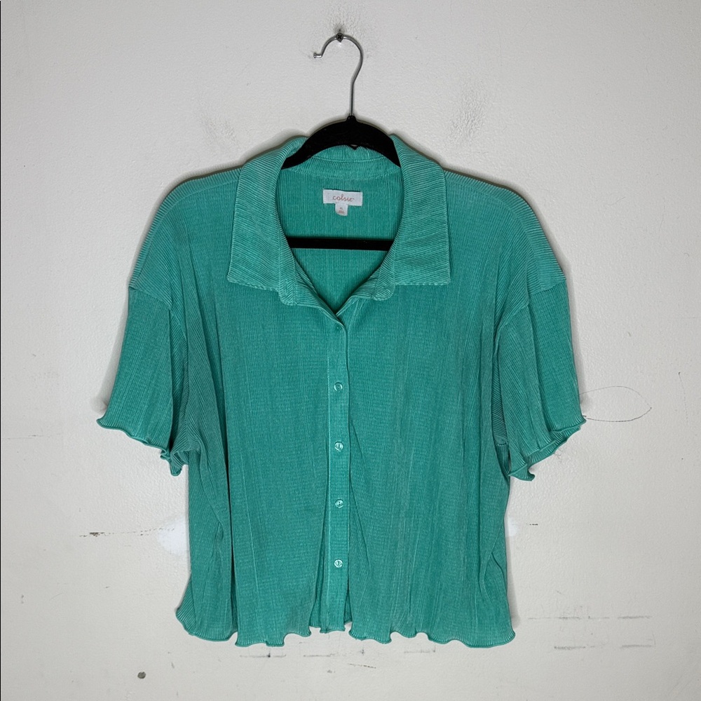Colsie Teal Button-Down Textured Polyester Women's Short Sleeve Top Size XL